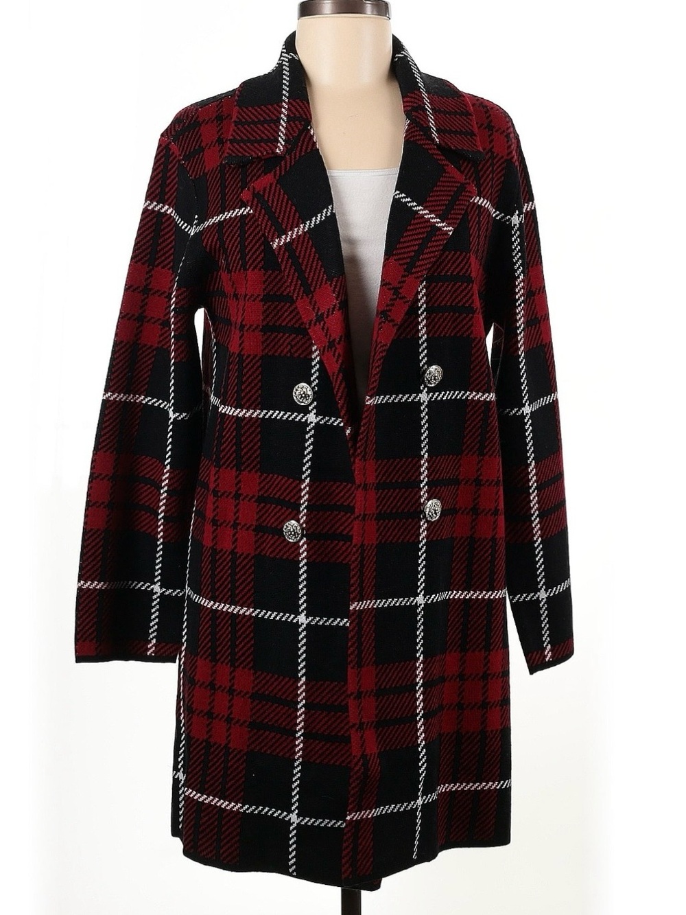 Anne Klein Red and Black Plaid Double-Breasted Trench Coat with Gold Buttons